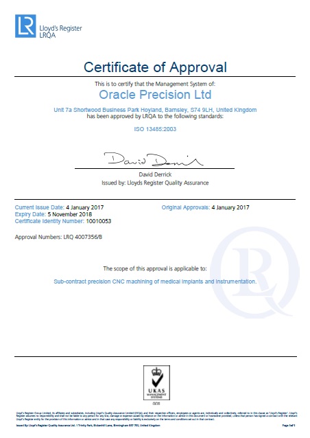 Oracle Precision ISO13485 Medical Devices Accreditation